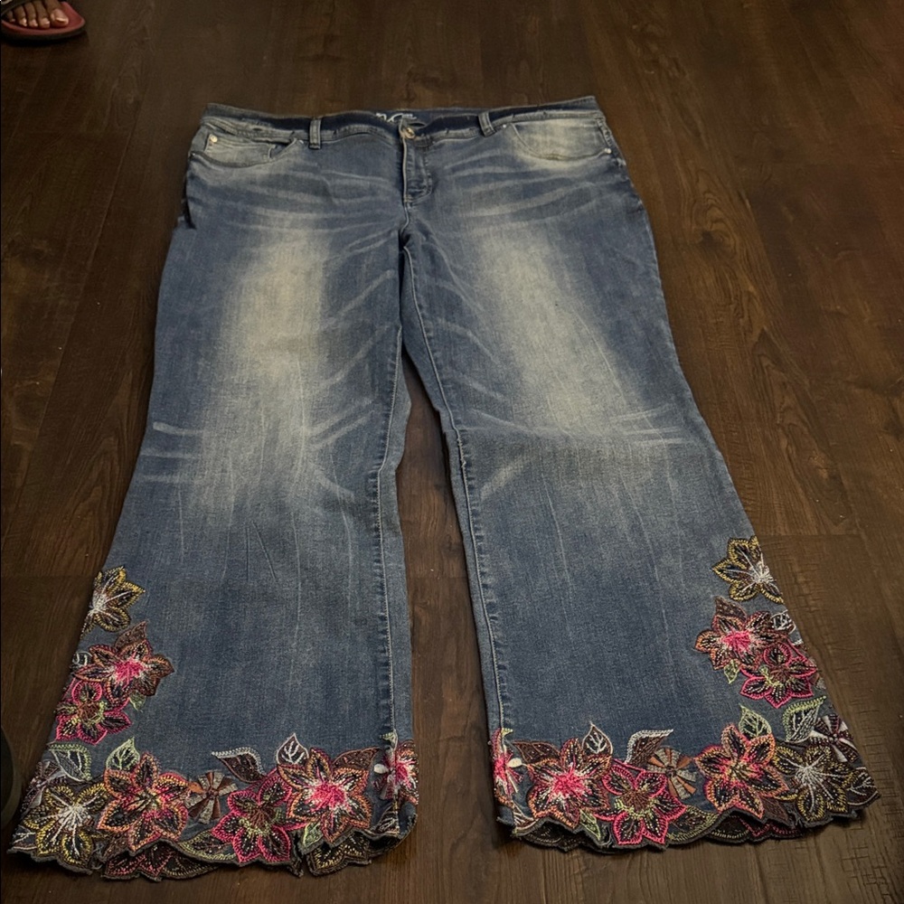 Lane Bryant Flare Jeans with Pink and Brown Floral Embroidery